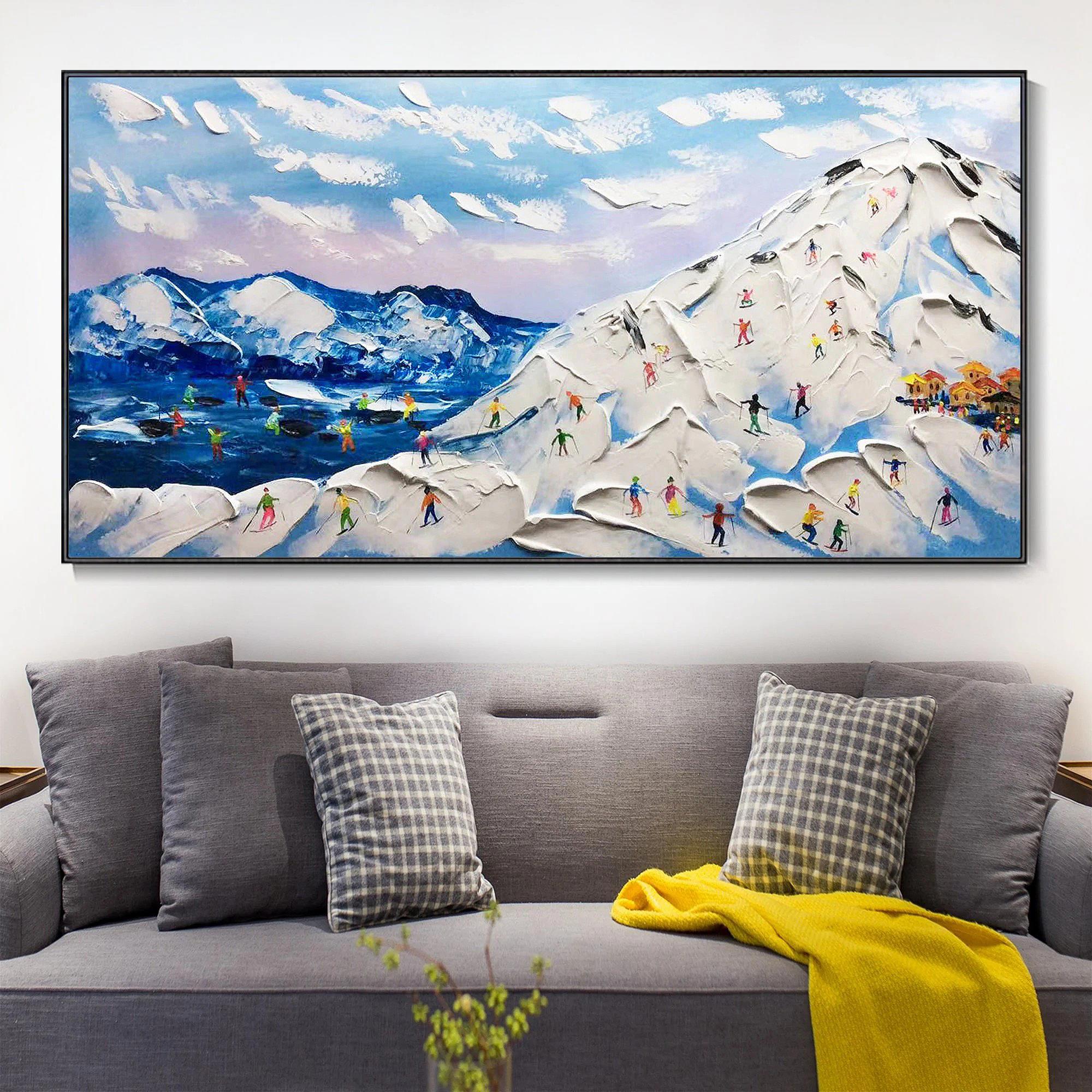 Skier on Snowy Mountain Wall Art Sport White Snow Skiing Room Decor by Knife 14 Oil Paintings